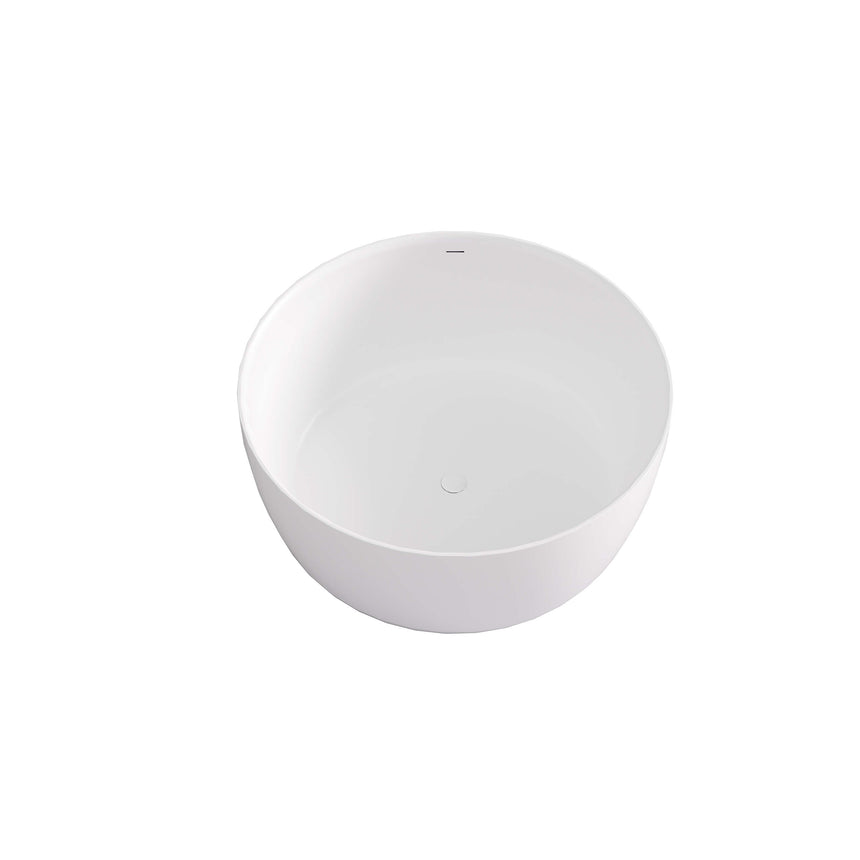 Olley 1350x1350mm round freestanding acrylic bathtub by Tilemall in matte white, top-down view showing interior basin and overflow hole