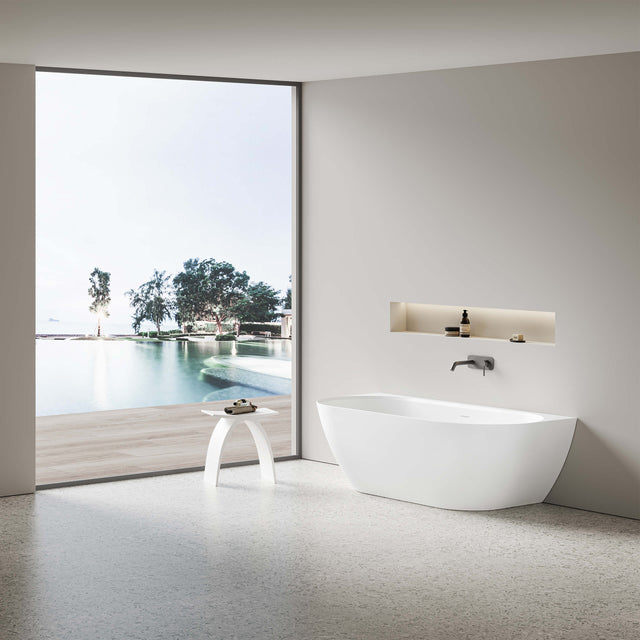 Lukka ellips back-to-wall acrylic bath by Tilemall in gloss white, 1500mm, installed in modern bathroom
