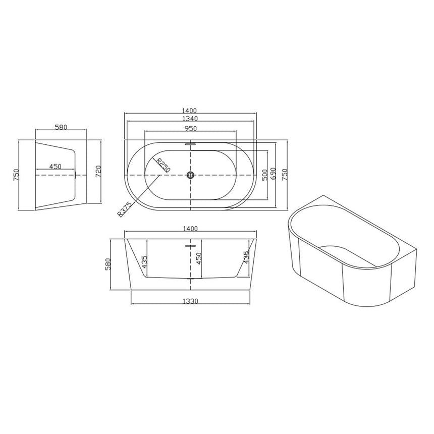 Lukka Back to Wall Bath technical dimensions diagram for Dover 1400mm back-to-wall freestanding bathtub by Tilemall