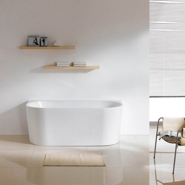 Dover back-to-wall freestanding acrylic bathtub by Tilemall in gloss white, 1490mm, installed in bathroom interior