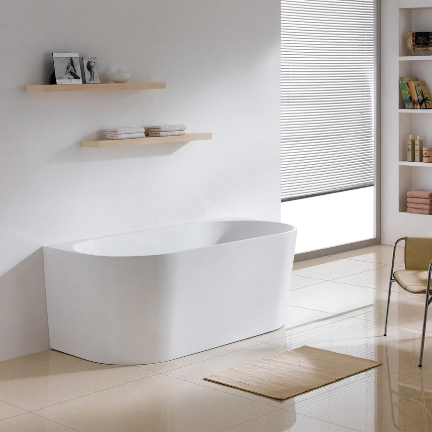 Lukka Back to Wall Bath dover 1490mm gloss white freestanding bath by Tilemall, side angle view showing curved oval shape