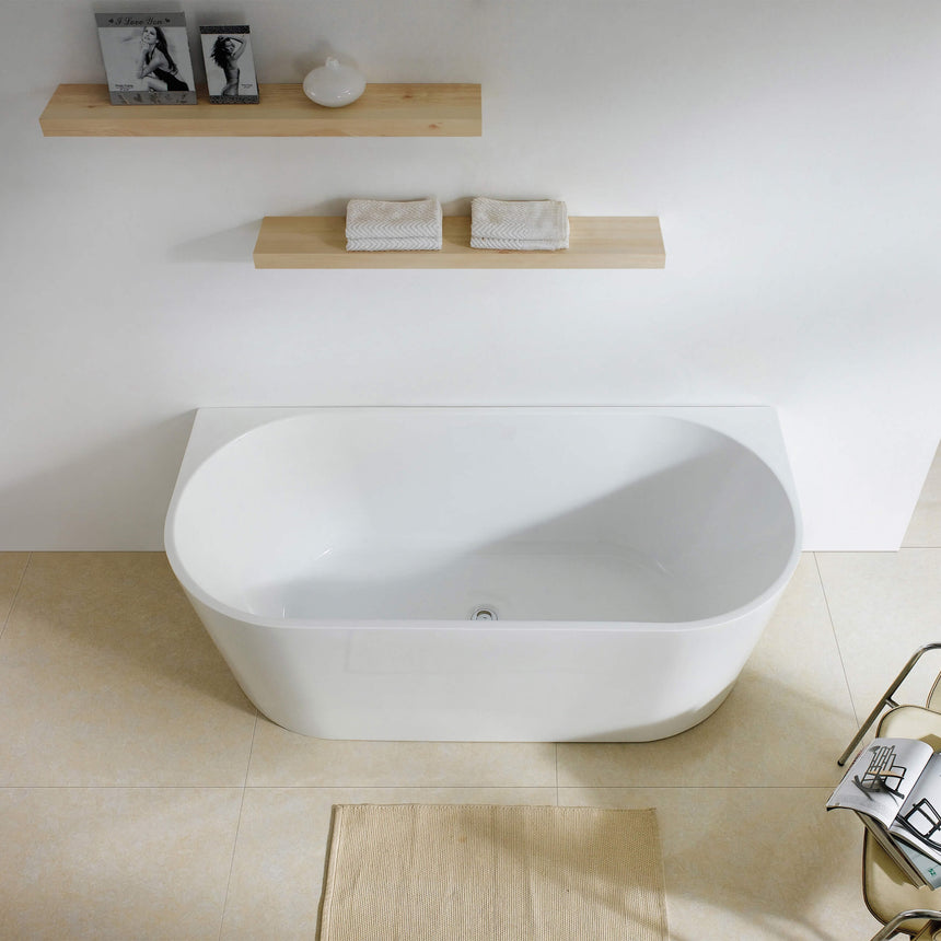 Dover 1490x750mm freestanding bathtub by Tilemall, gloss white acrylic with overflow drain, top-down view
