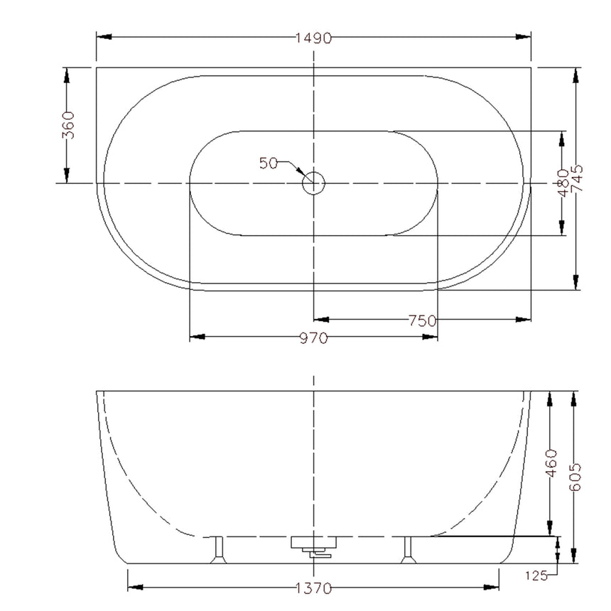 Lukka technical dimensions diagram for Dover 1490mm back-to-wall freestanding bath by Tilemall