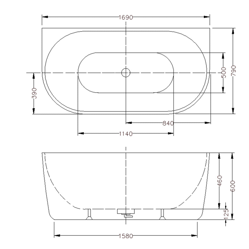 Lukka Back to Wall Bath technical dimensions diagram for Dover 1690mm back-to-wall freestanding bathtub by Tilemall