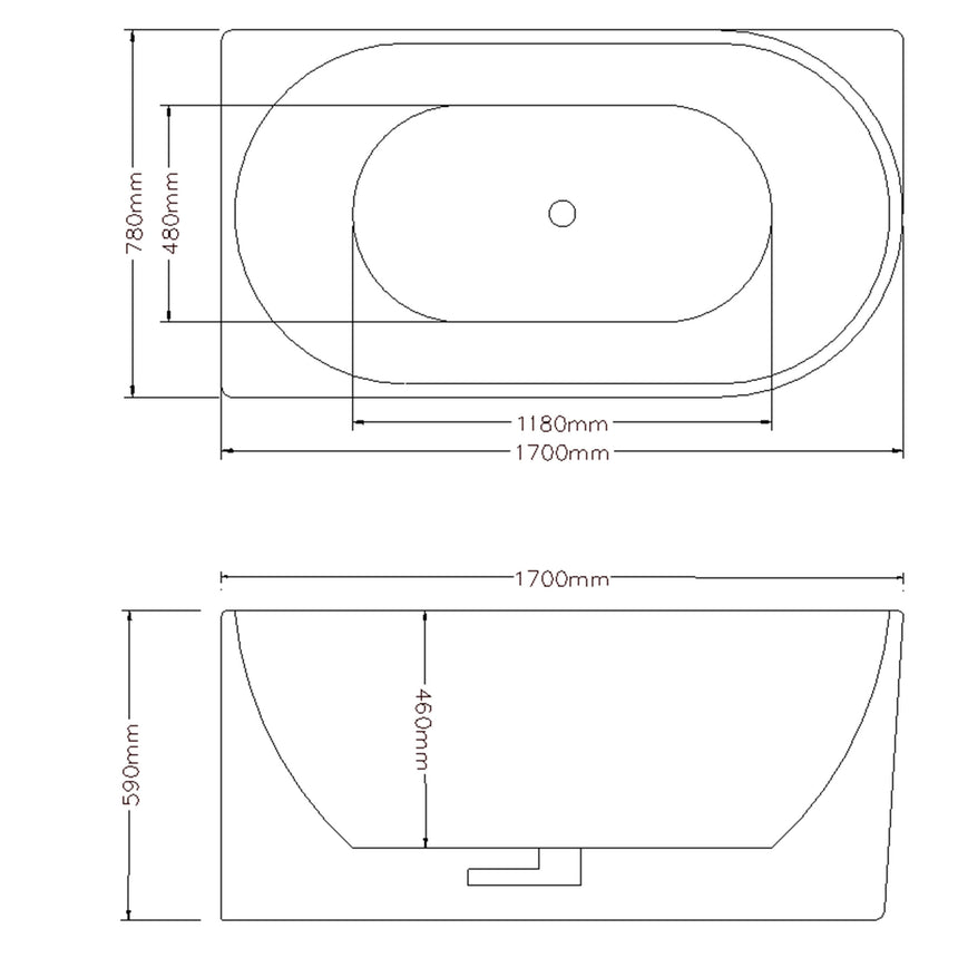 Technical dimensions diagram for Bingie Lukka Corner Bath 1700mm left corner, 780mm height, 480mm internal width by Tilemall