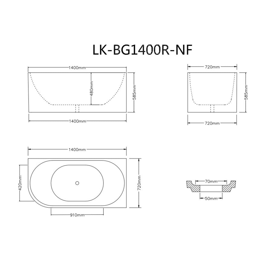 Technical dimensions diagram for Lukka Corner Bath 1400mm model LK-BG1400R-NF by Tilemall