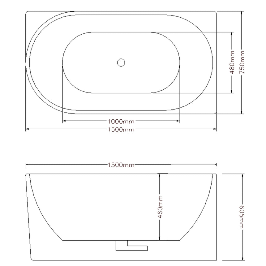 Technical dimensions diagram for Bingie Lukka Corner Bath 1500mm showing 1000mm inner width, 480mm depth, 750mm height by Tilemall