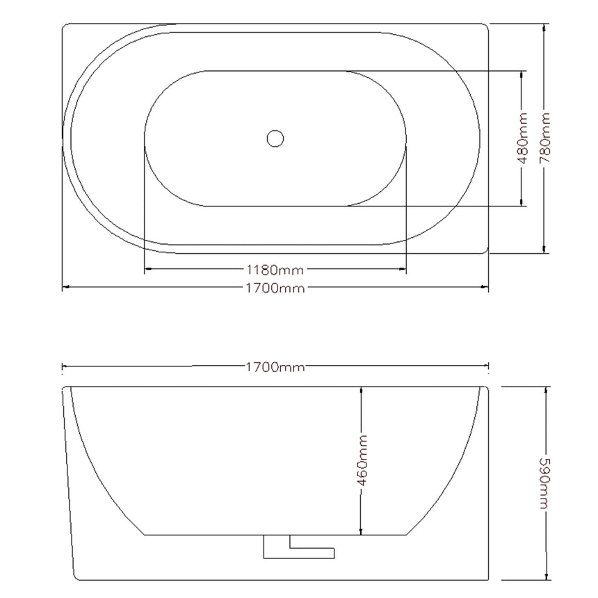 Technical dimensions diagram for Lukka Corner Bath Bingie 1700mm skirt bathtub, 480mm height, 590mm depth by Tilemall