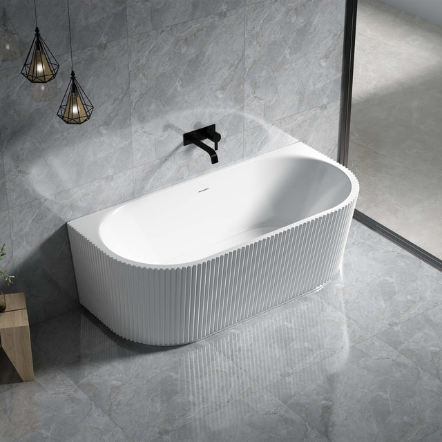 Lukka bingie back-to-wall fluted skirt bath by Tilemall, 1500mm, matte white, installed in bathroom interior