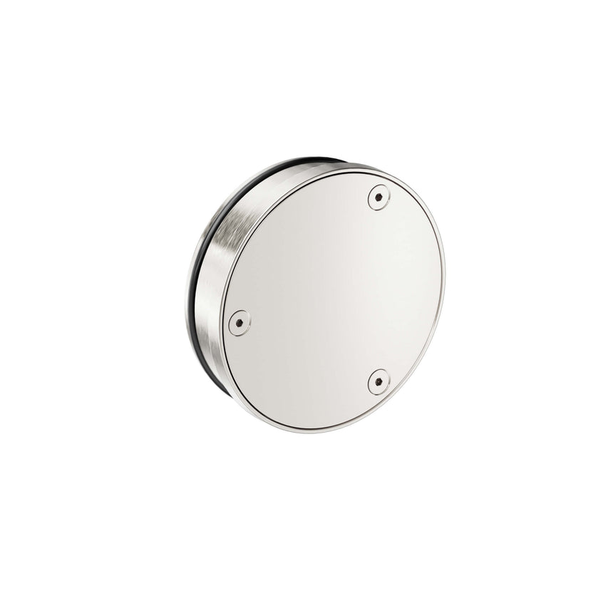 Nero Others brushed nickel round clear out viewed from front showing 100mm outlet and three fixing holes by Tilemall