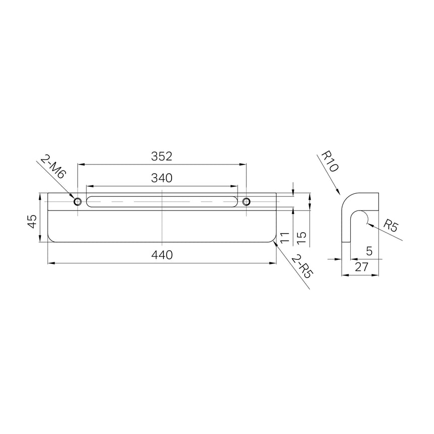 Technical specifications for Nero Bianca appliance pull showing 440mm overall length and mounting dimensions by Tilemall