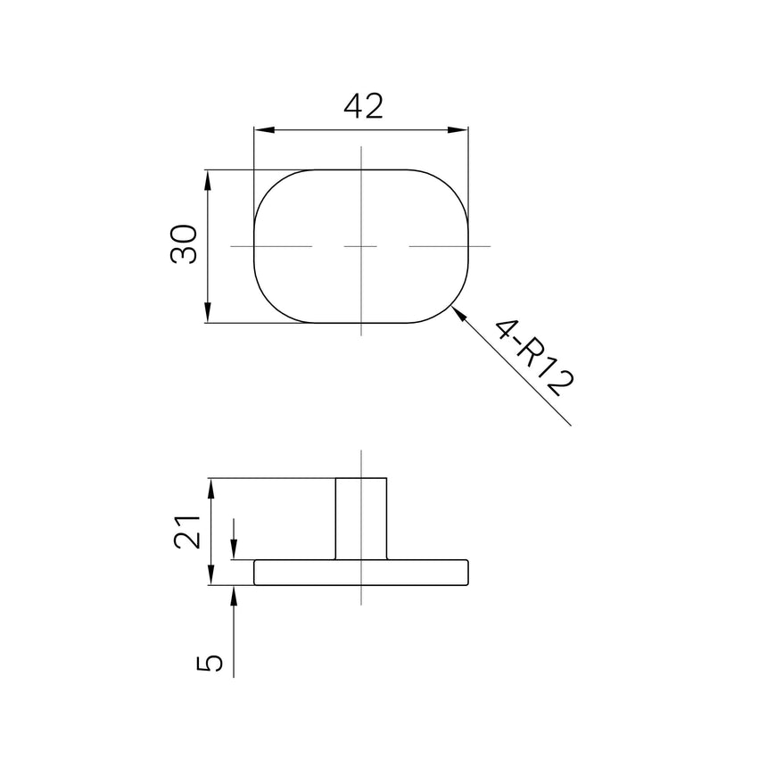 Technical specifications for Nero Bianca cabinet knob showing 42mm width, 30mm height, R12 radius and 5mm depth by Tilemall
