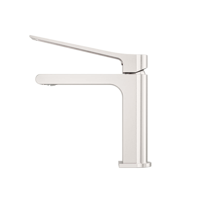 Nero Bianca 184x50mm Care brushed nickel basin mixer side view with curved spout and lever by Tilemall