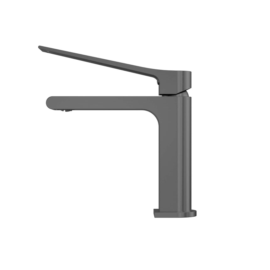 Nero Bianca 184x50mm Care gun metal basin mixer side view showing curved spout and lever by Tilemall