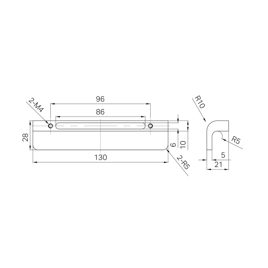 Technical installation dimensions for Nero Bianca pull handle showing 130mm overall length by Tilemall