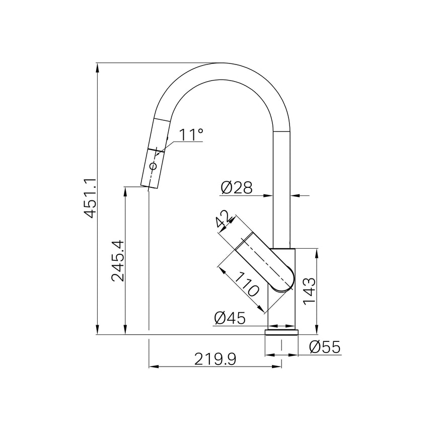 Installation dimensions diagram for Nero Bianca 265x115mm pull out sink mixer showing height and spread specifications by Tilemall