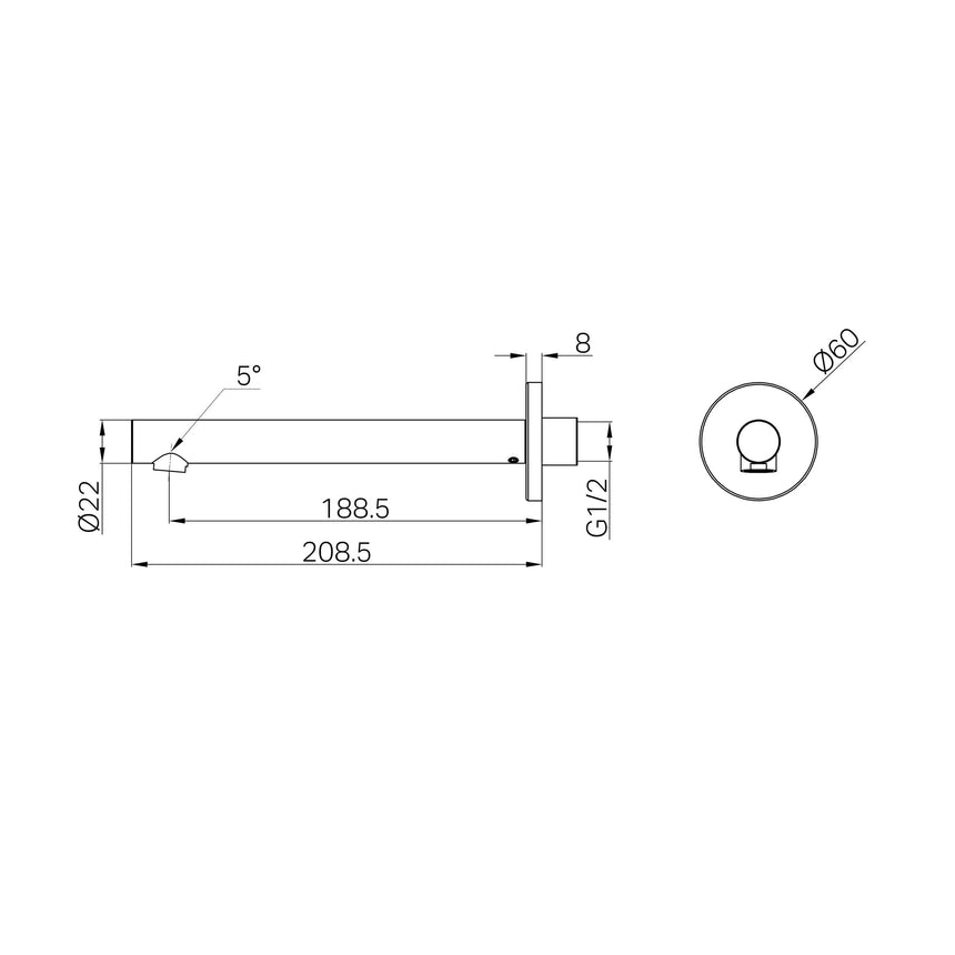 Technical specifications diagram for Nero Dolce II 230x60mm bath spout showing installation dimensions by Tilemall