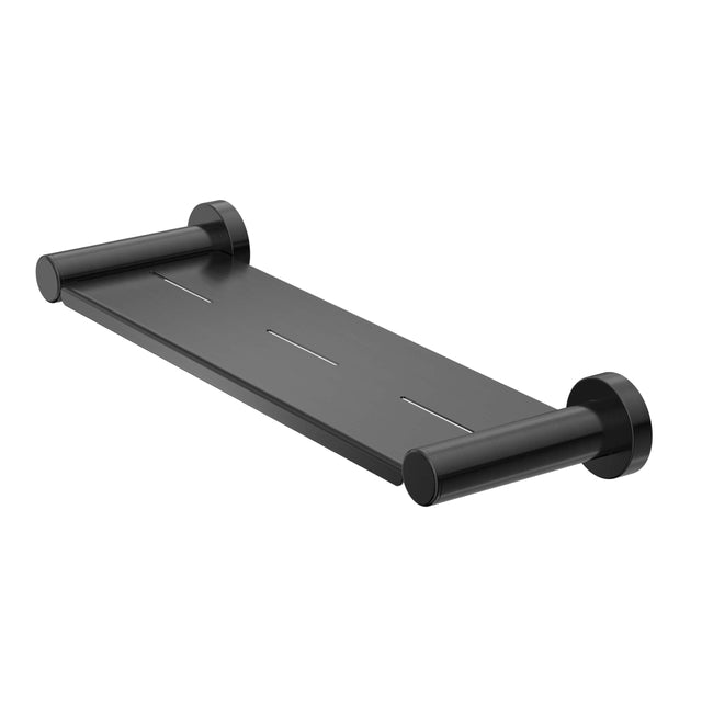 Nero Dolce II 109x366mm gun metal shower shelf with cylindrical supports and grooved platform by Tilemall