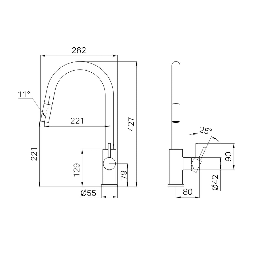 Technical installation dimensions for Nero Dolce II 265x110mm pull out sink mixer by Tilemall