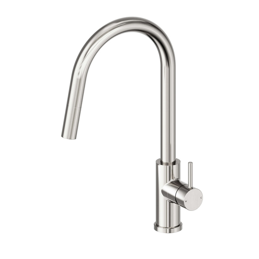 Nero Dolce II 265x110mm brushed nickel pull out sink mixer by Tilemall with curved spout and single lever handle