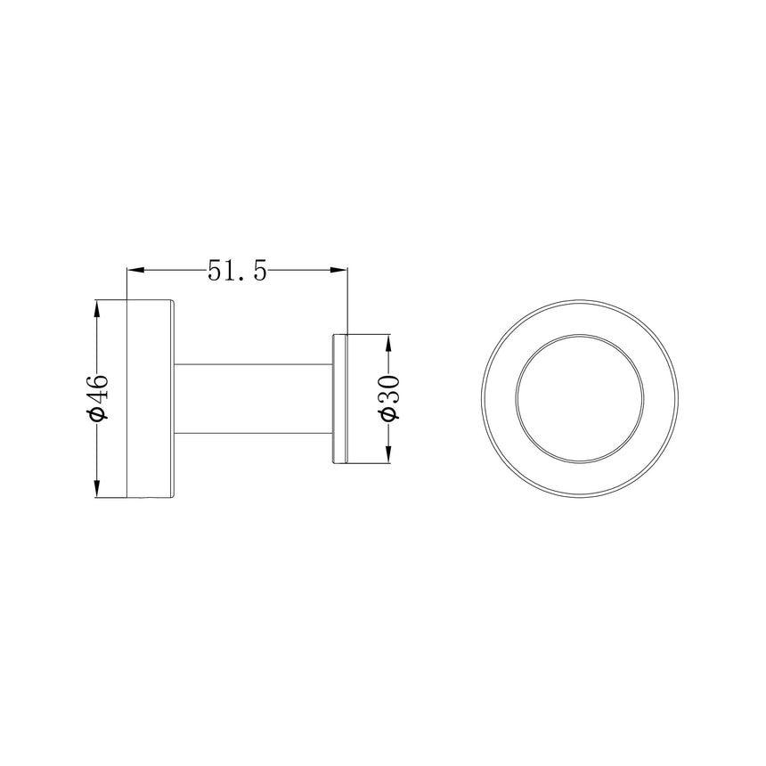 Technical specifications diagram for Nero Dolce II robe hook showing 51.5mm width and 46mm depth by Tilemall