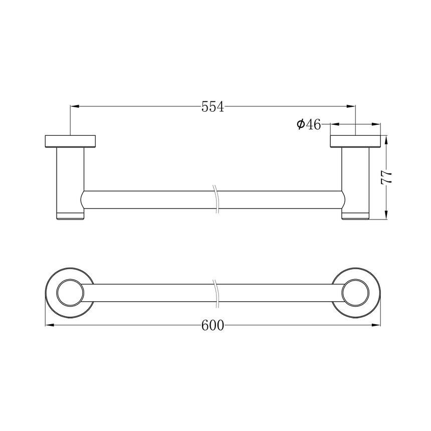 Technical specifications for Nero Dolce II towel rail showing 600mm length and 46mm diameter by Tilemall