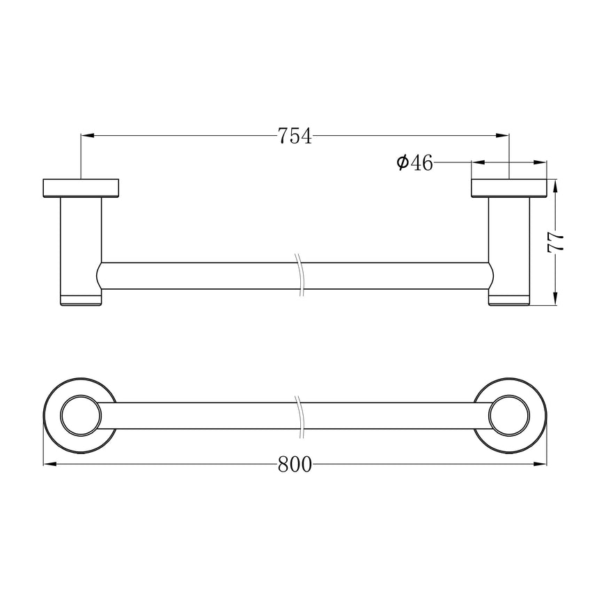 Technical specifications for Nero Dolce II towel rail showing 800mm length and 46mm diameter by Tilemall