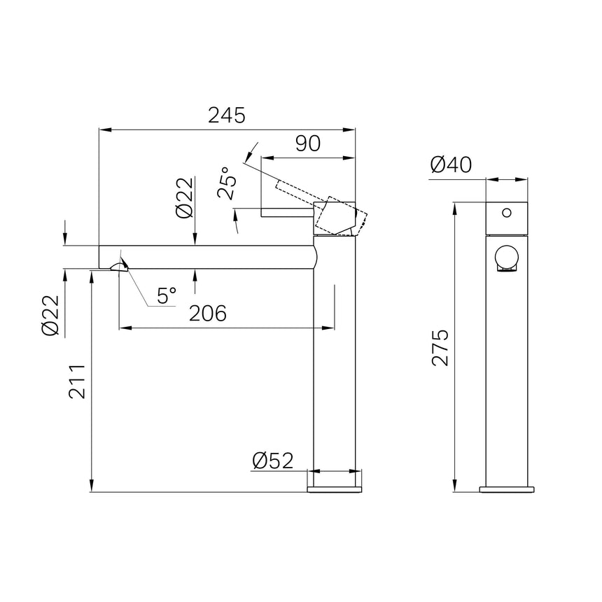 Installation dimensions for Nero Dolce II 260x52mm basin mixer showing height and spread specifications by Tilemall