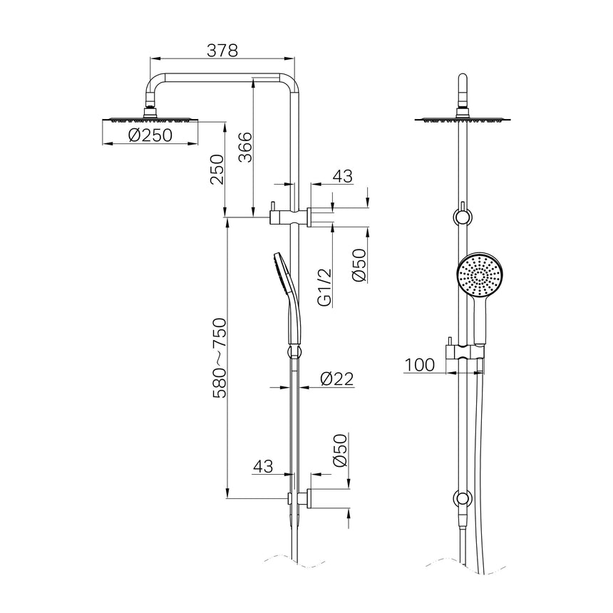 Technical installation dimensions for Nero Dolce II 546x250mm twin shower system showing rail height and component spacing by Tilemall