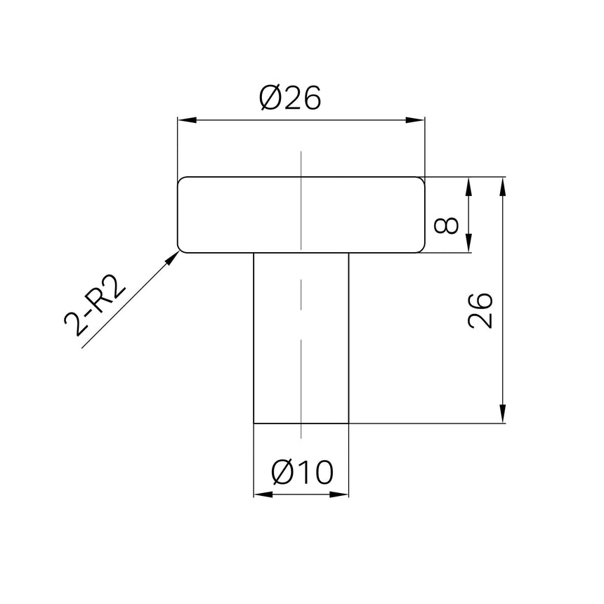 Technical specifications for Nero Mecca cabinet knob showing Ø26mm head, 26mm total length, Ø10mm stem, 2-P2 thread by Tilemall