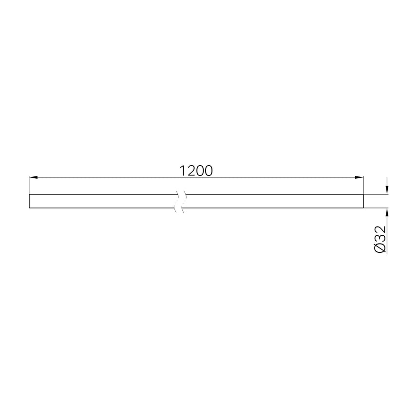 Technical specifications for Nero Mecca Care grab rail showing 1200mm length and 32mm diameter by Tilemall