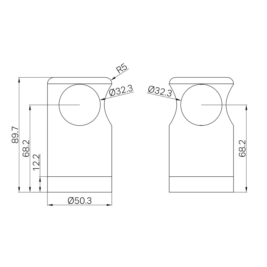 Technical 90x50mm specifications diagram for Nero Mecca Care grab rail bracket showing 32.3mm diameter and mounting dimensions by Tilemall