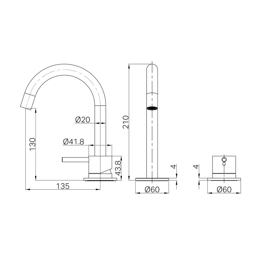 Technical installation dimensions for Nero Mecca 174x220mm hob basin mixer showing spout height and spread by Tilemall
