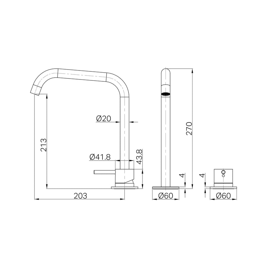 Technical installation dimensions for Nero Mecca 250x220mm hob mixer set showing spout reach and mounting spread by Tilemall
