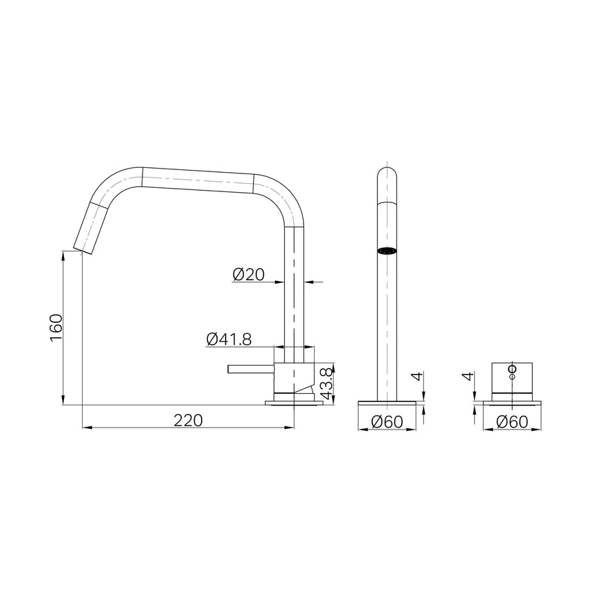 Technical installation dimensions for Nero Mecca 260x190mm hob mixer showing spout height and spread by Tilemall