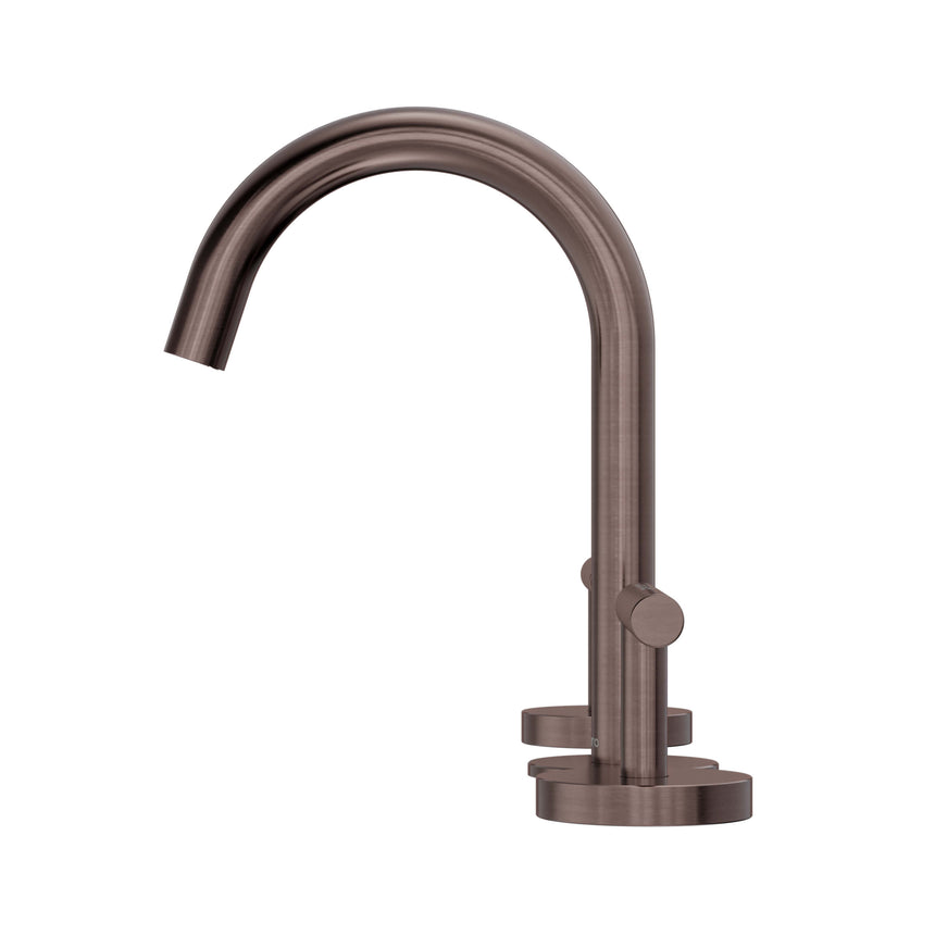 Nero Mecca 175x400mm brushed bronze basin mixer showing single lever handle and curved arc spout by Tilemall