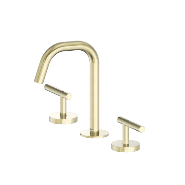 Nero Mecca 175x400mm brushed gold three-piece basin mixer set with edge spout and lever handles by Tilemall