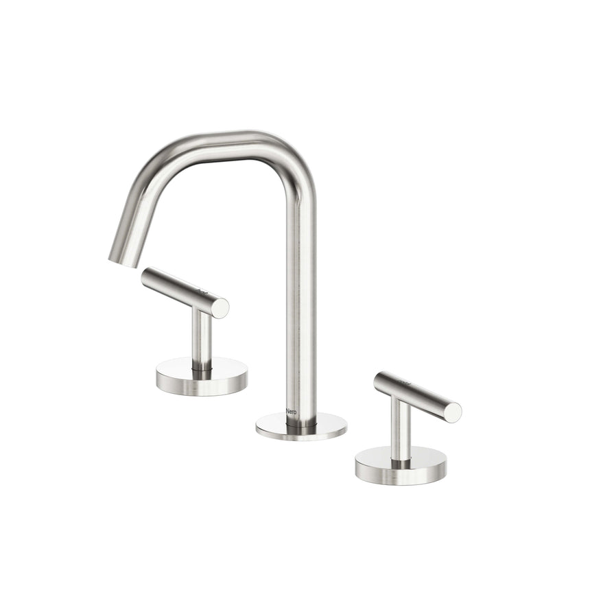 Nero Mecca 175x400mm brushed nickel basin mixer set with edge spout and dual lever handles by Tilemall