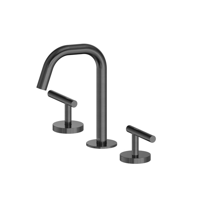Nero Mecca 175x400mm gun metal basin mixer set with curved spout and dual lever handles by Tilemall