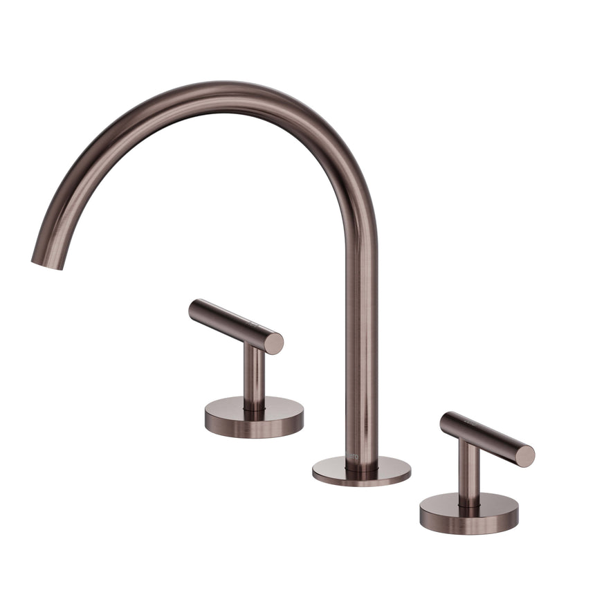Nero Mecca 265x400mm brushed bronze arc basin mixer by Tilemall with lever handles and curved spout