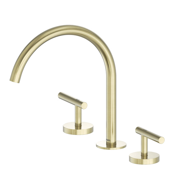 Nero Mecca 265x400mm brushed gold arc spout basin mixer by Tilemall with lever handles and dual baseplate