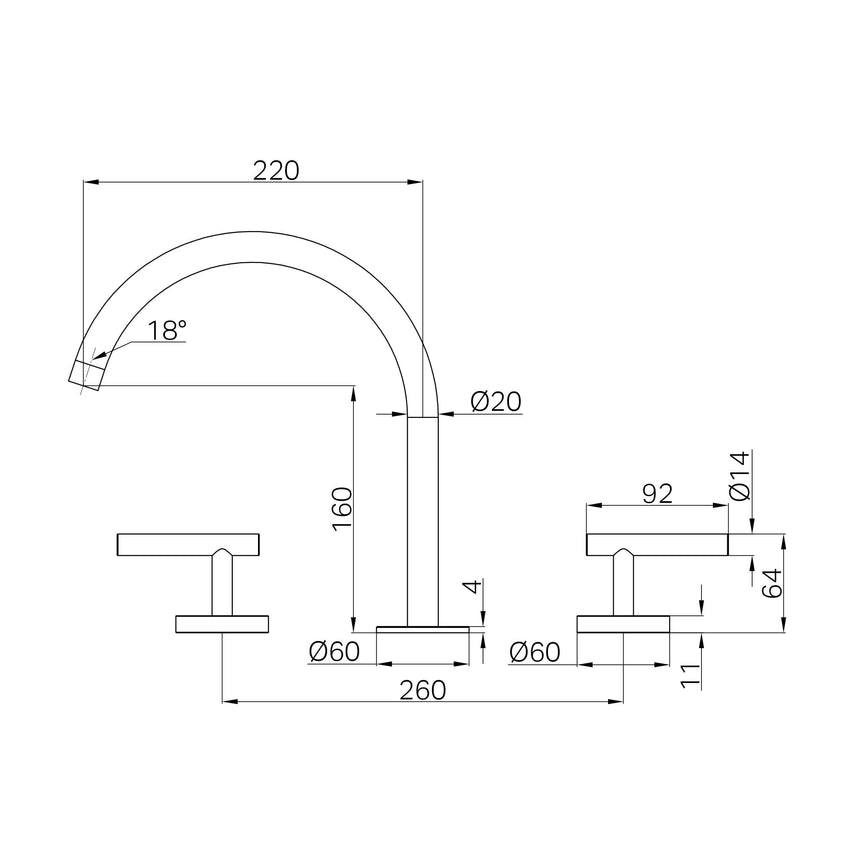 Technical installation dimensions for Nero Mecca 265x400mm basin mixer showing spread and height specifications by Tilemall