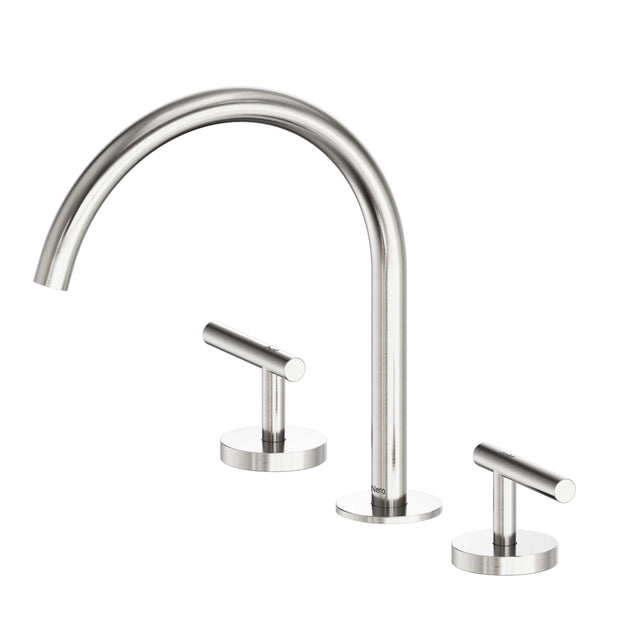 Nero Mecca 265x400mm brushed nickel basin mixer by Tilemall with arc spout and dual lever handles