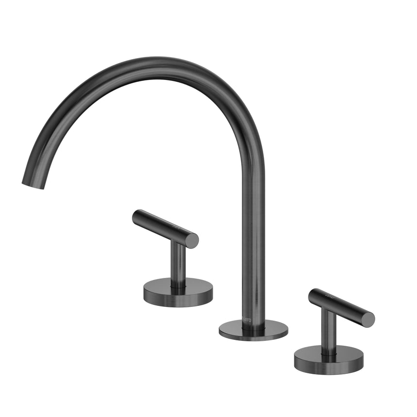 Nero Mecca 265x400mm gun metal arc spout basin mixer by Tilemall with dual lever handles