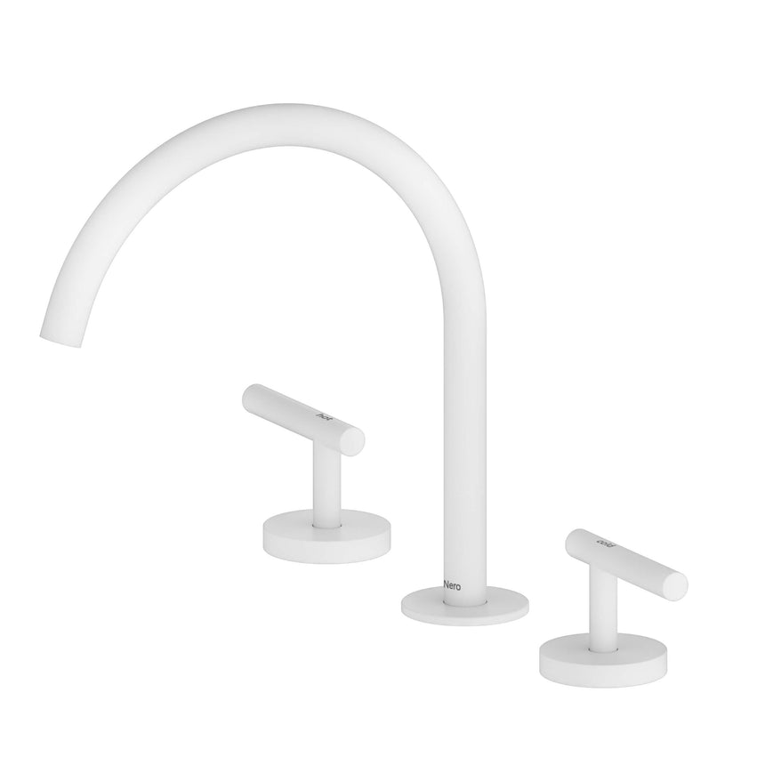 Nero Mecca 265x400mm matte white arc spout basin mixer by Tilemall with dual lever handles and curved spout