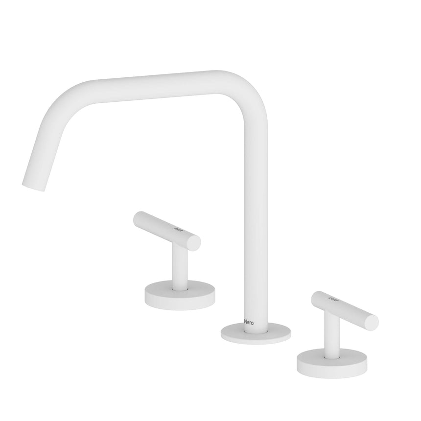 Nero Mecca 270x400mm matte white basin mixer by Tilemall with edge spout and dual lever handles