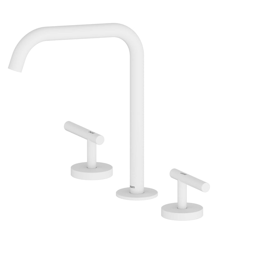 Nero Mecca 250x400mm matte white three-piece bath mixer set with edge spout and lever handles by Tilemall