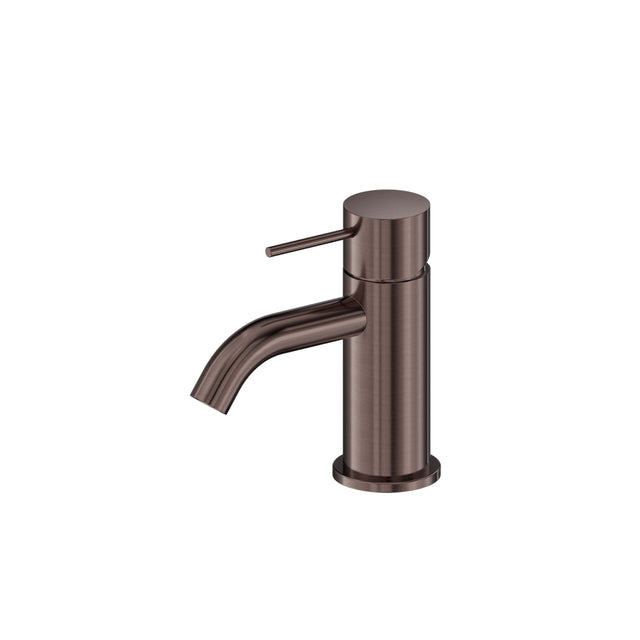 Nero Mecca 140x52mm Mini brushed bronze basin mixer by Tilemall with curved spout and lever handle