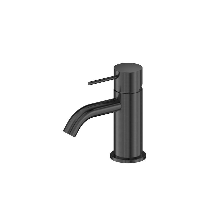 Nero Mecca 140x52mm Mini gun metal basin mixer by Tilemall with cylindrical body and single lever handle
