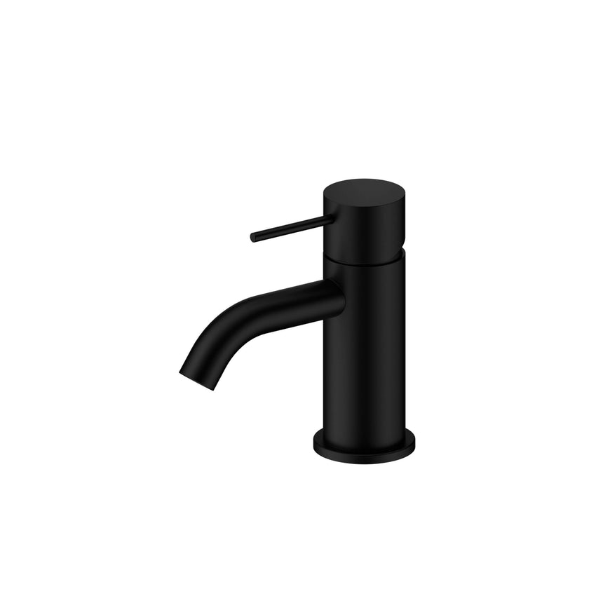 Nero Mecca 140x52mm Mini matte black basin mixer by Tilemall with cylindrical body and curved spout